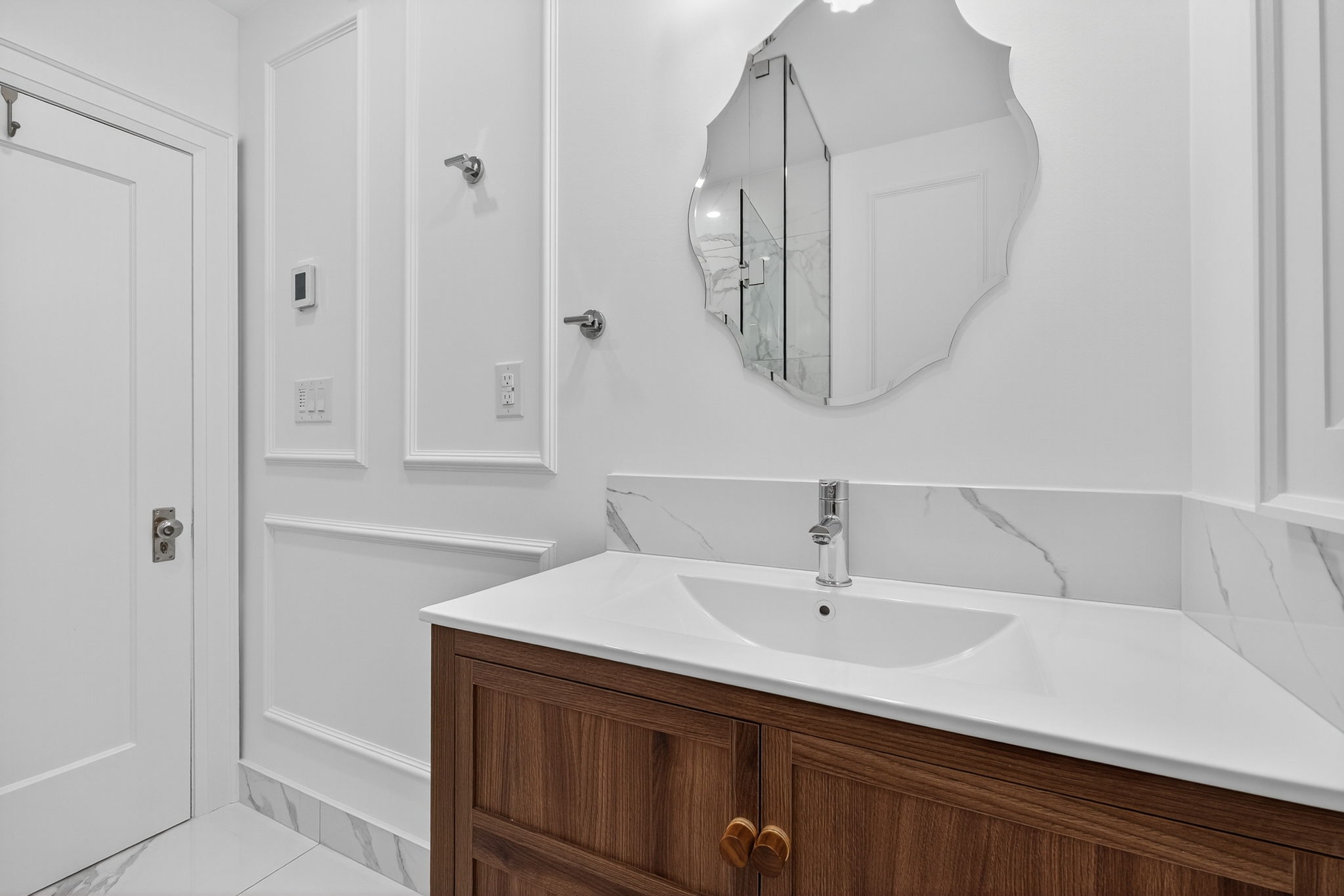 Wall-hung vanity and epoxy grout tile work Historic Home Ensuite Etobicoke