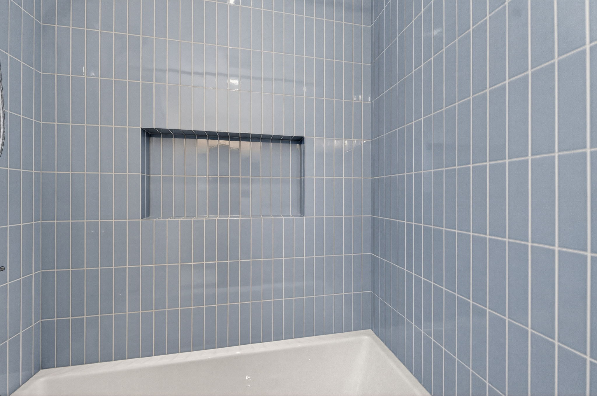 Bathroom renovation Mississauga blue tile and oak vanity detail