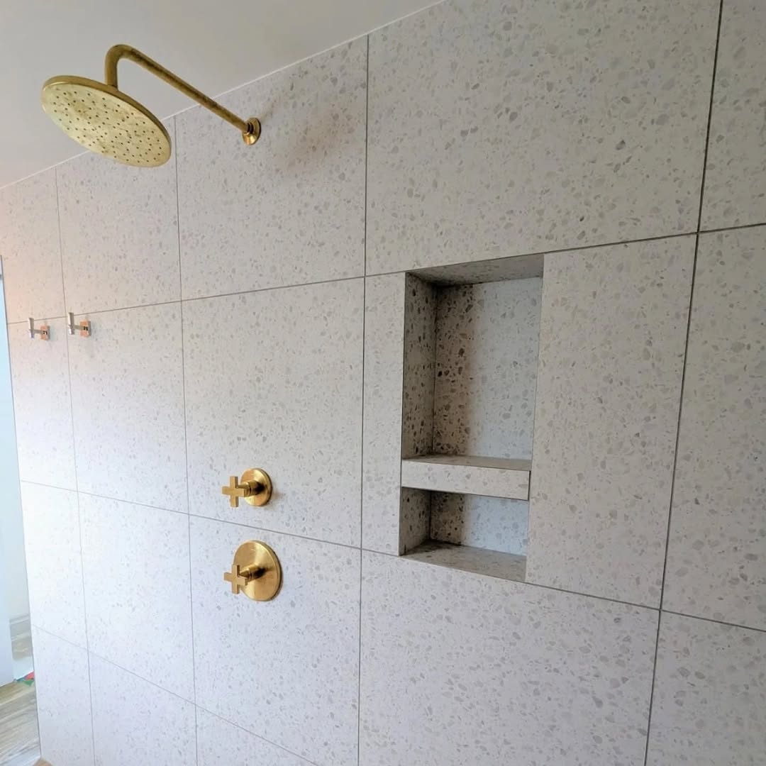 Pink zellige and terrazzo bathroom renovation detail Toronto