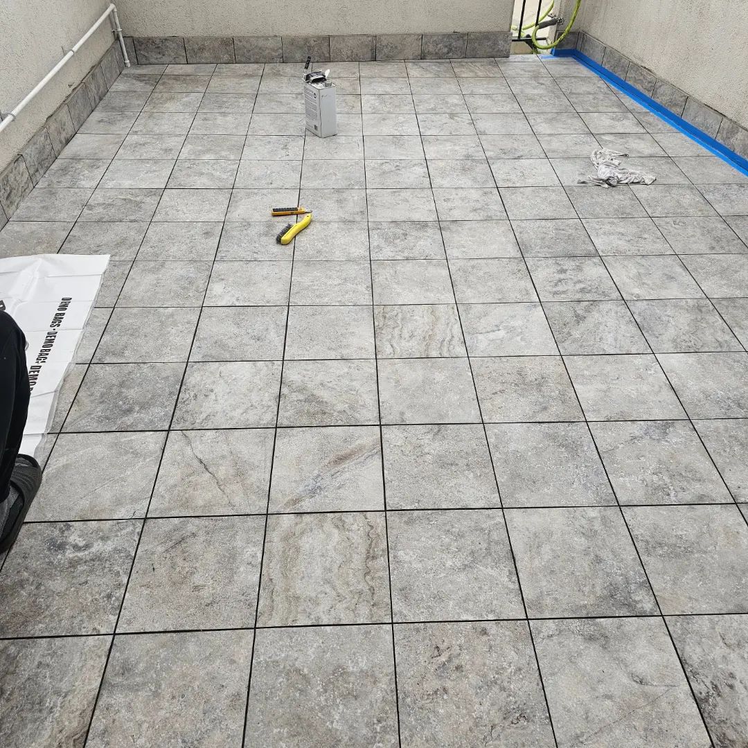 Completed terrace renovation Toronto - waterproofed outdoor tile deck above garage